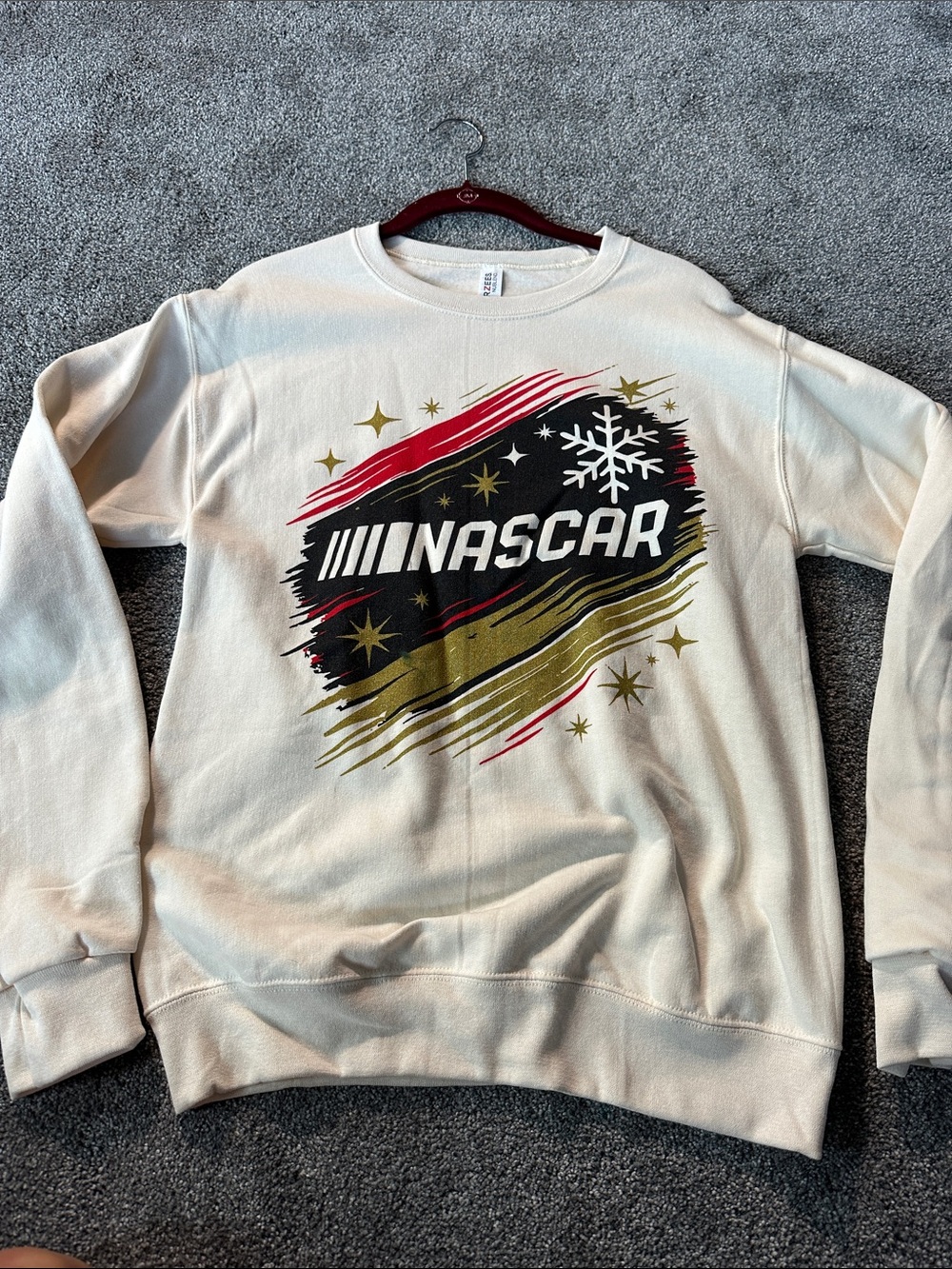 Nascar Holiday Cream Crewneck Sweatshirt with Red, Black & Gold Graphic